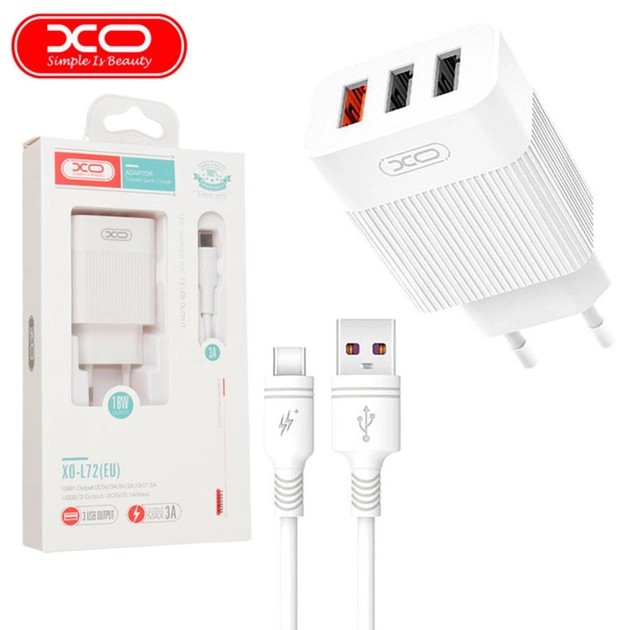 Фото - Мережевий зарядний пристрій XO QC 3.0 30W (18W/1USB + 2.4A/2 USB) + Type C White (L72-TC-WH)