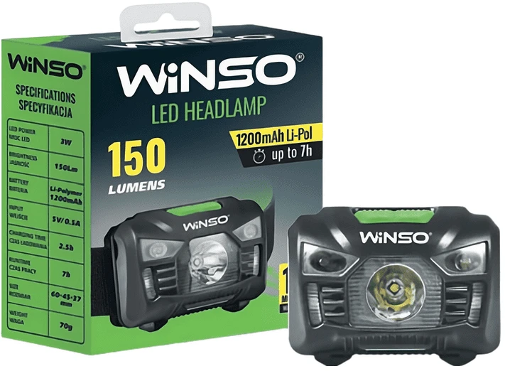 Фонарь налобный Winso 150Lm, 3W LED, 1200mAh, Sensor White/Red (750220)