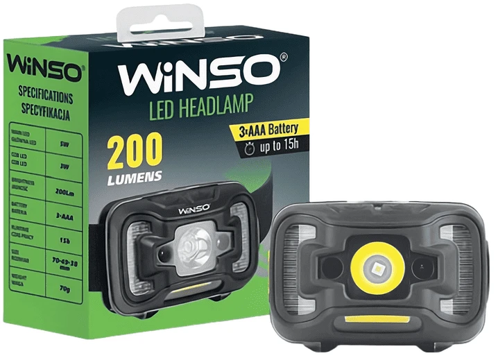 Фонарь налобный Winso 200Lm, 5W CREE XTE + COB, 3xAAA, Sensor White/Red (750400)
