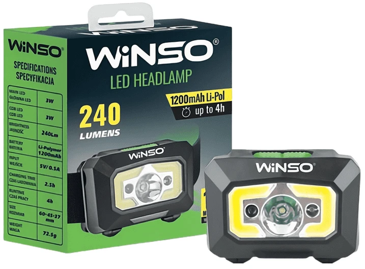 Фонарь налобный Winso 240Lm, 3W XPE+ COB, 1200mAh, Sensor White/Red (750320)