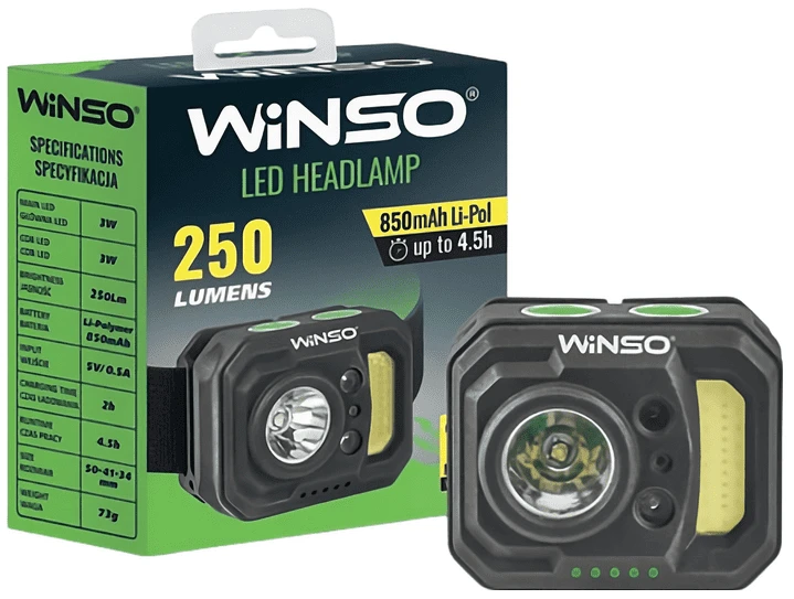 Фонарь налобный Winso 250Lm, 3W XPE + 3W COB, 850mAh, Sensor White/Red (750620)