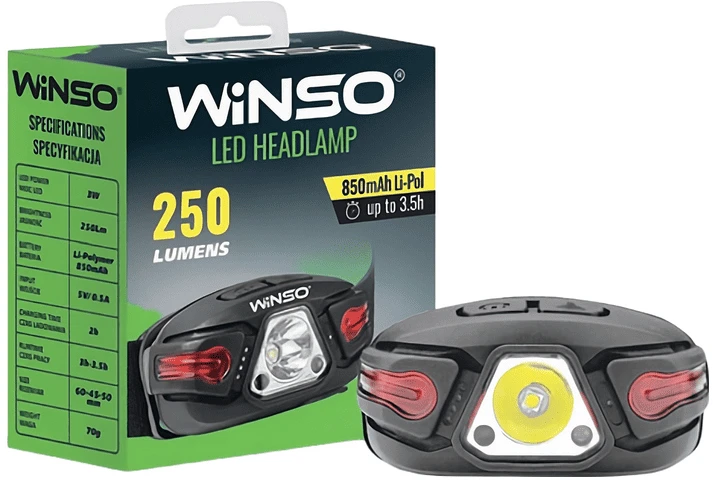Фонарь налобный Winso 250Lm, 5W LED, 850mAh, Sensor White/Red (750500)