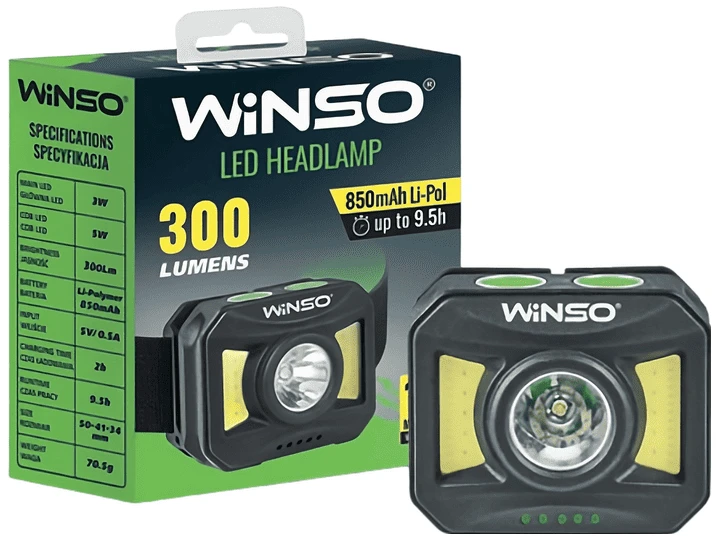 Фонарь налобный Winso 300Lm, 3W + COB, 850mAh, White/Red (750600)
