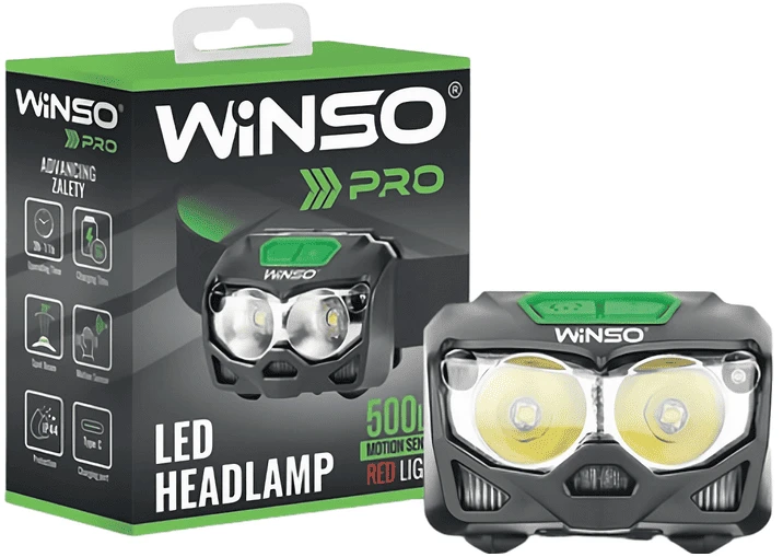Фонарь налобный Winso PRO 500Lm, 2x5W CREE XTG, 1200mAh/3xAAA, Sensor White/Red (751300)