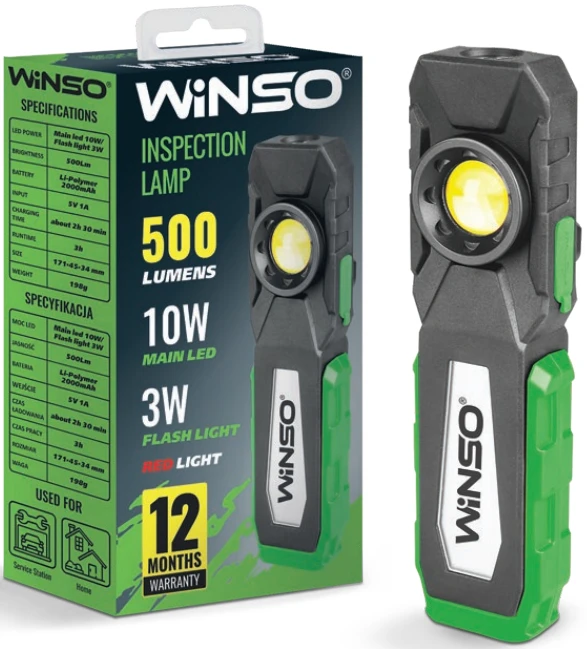 Фонарь Winso 500Lm, 10W COB + 3W, 2000mAh, White/Red (752600)