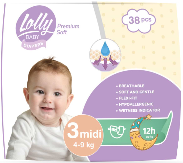 Одноразовые подгузники Lolly Premium Soft Размер 3 (4-9 кг.), 38 шт. (4820174981150) - Фото 1