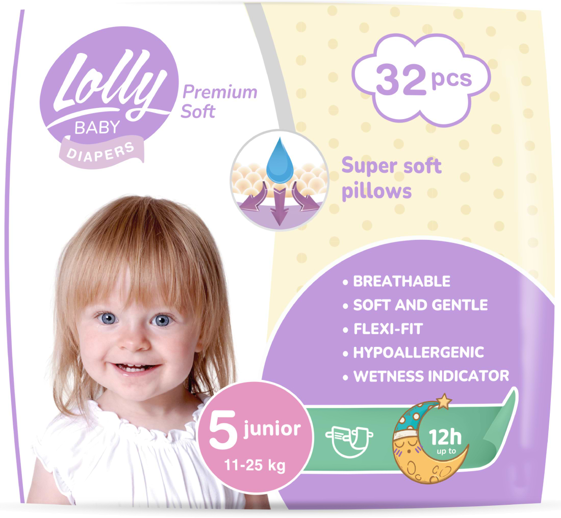 Одноразовые подгузники Lolly Premium Soft Размер 5 (11-25 кг.), 32 шт. (4820174981051) - Фото 1