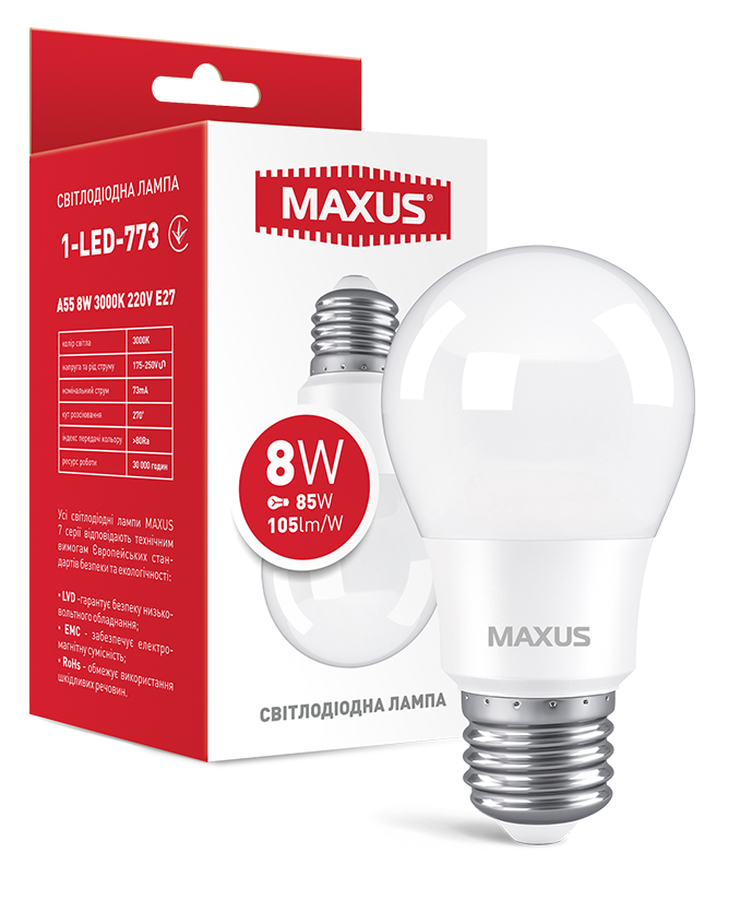 Лампочка светодиодная Maxus A55 8W 3000K 220V E27 (1-LED-773)