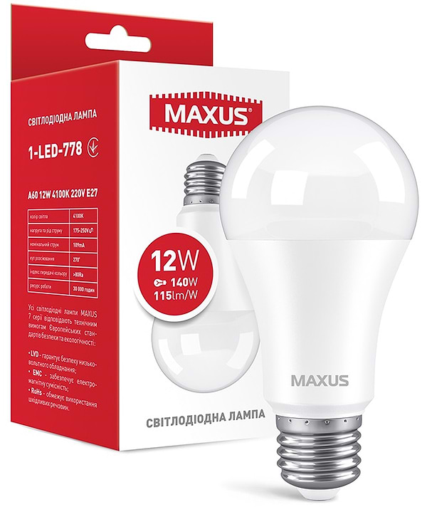 Фото - Лампочка світлодіодна Maxus A60 12W 4100K 220V E27 (1-LED-778)
