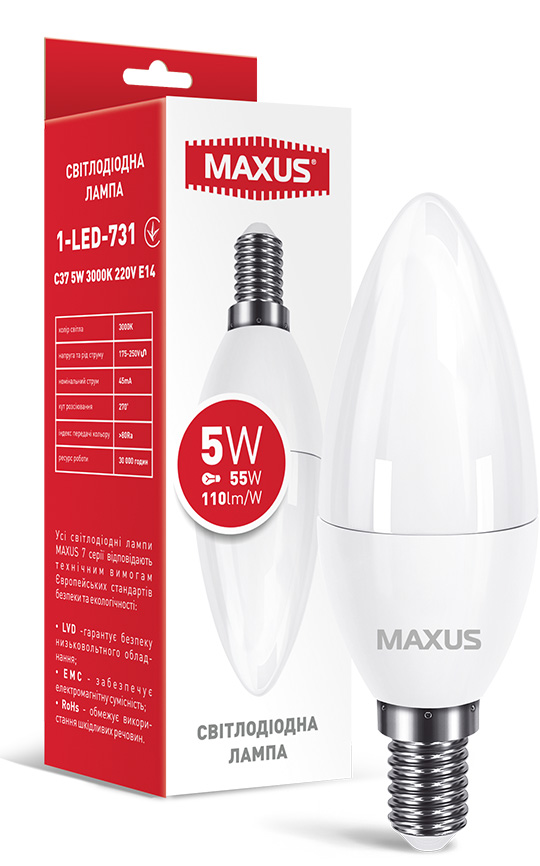 Фото - Лампочка світлодіодна Maxus C37 5W 3000K 220V E14 (1-LED-731)