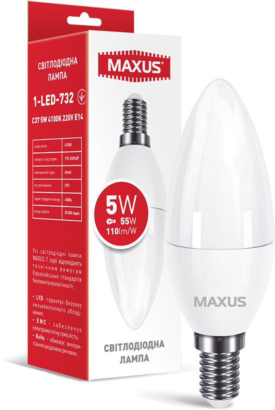 Лампочка светодиодная Maxus C37 5W 4100K 220V E14 (1-LED-732)