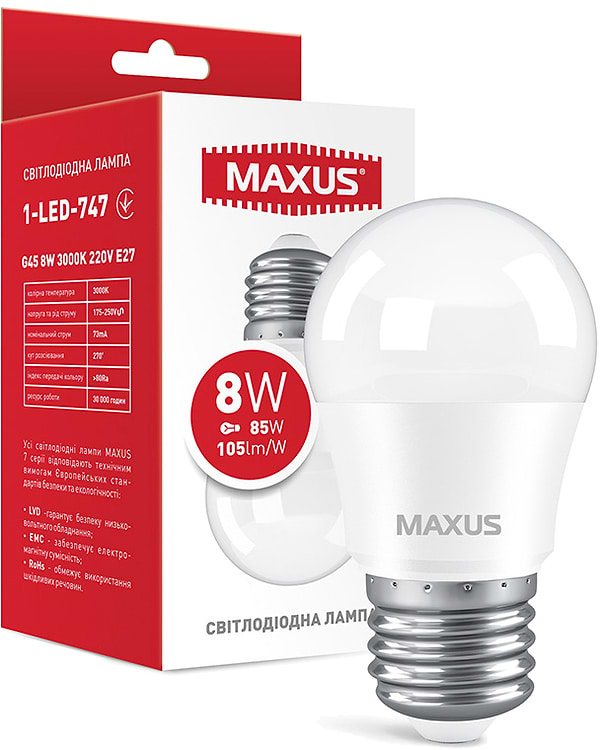 Фото - Лампочка светодиодная Maxus G45 8W 3000K 220V E27 (1-LED-747)