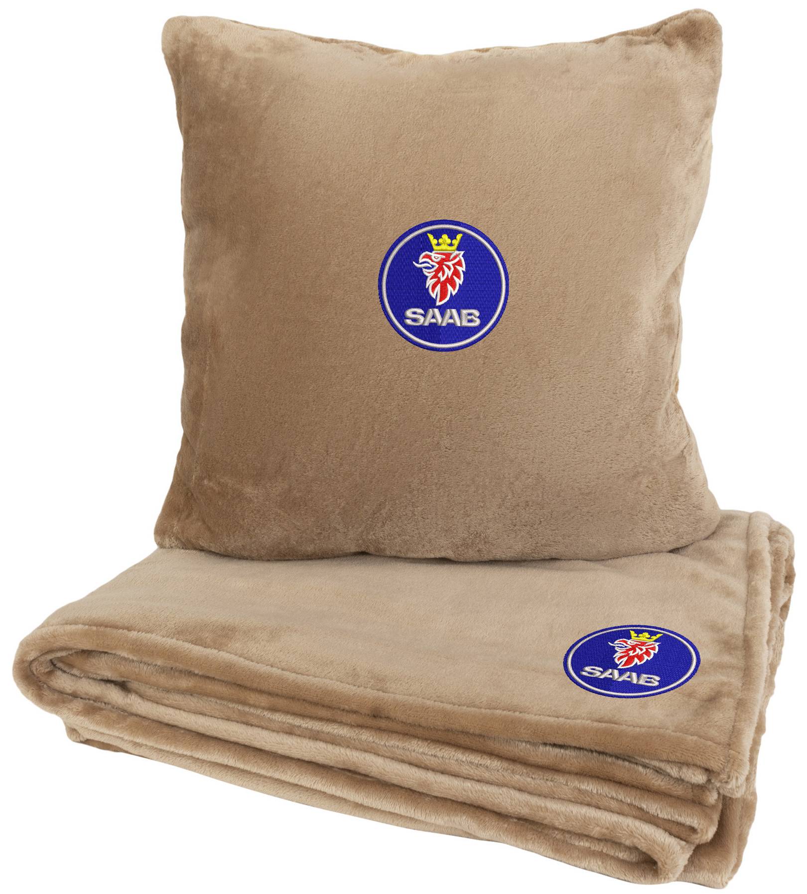 Набор плед + подушка в авто EVAtech из махры M для Saab бежевые MBLMPSMIV026