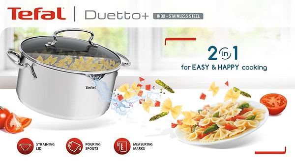 Фото - Набір посуду Tefal G718SA74 Duetto + 10 пр. Зі сковородою (кастр. 6,1/5,0/2,9/1,5 л., Ківш 1,5 л б/кр, сковорода 26 см)