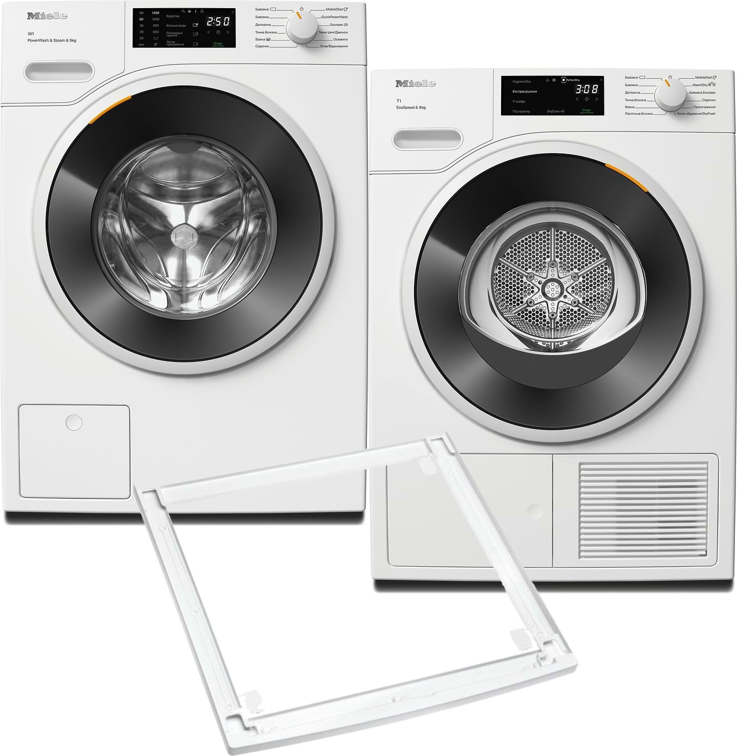 Комплект техники Miele Стиральная машина с фронтальной загрузкой + Сушильная машина + Комплект креплений для установки в колонну Miele WWD 380 WCS + TWD 640 WP + WTV 502 - Фото 1