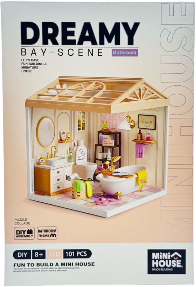 Пластиковый конструктор Mini House Румбокс серии Интерьер – ВАННАЯ КОМНАТА (свет) (8009)