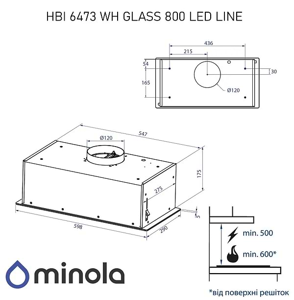 Фото - Витяжка вбудована Minola HBI 6473 WH GLASS 800 LED Line