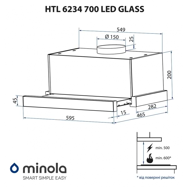 Фото - Витяжка вбудована Minola HTL 6234 BL 700 LED GLASS