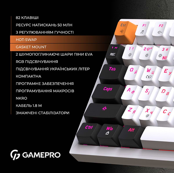 Фото - Клавиатура проводная игровая GamePro MK180W Hot-Swap Red Swich RGB White (MK180W)
