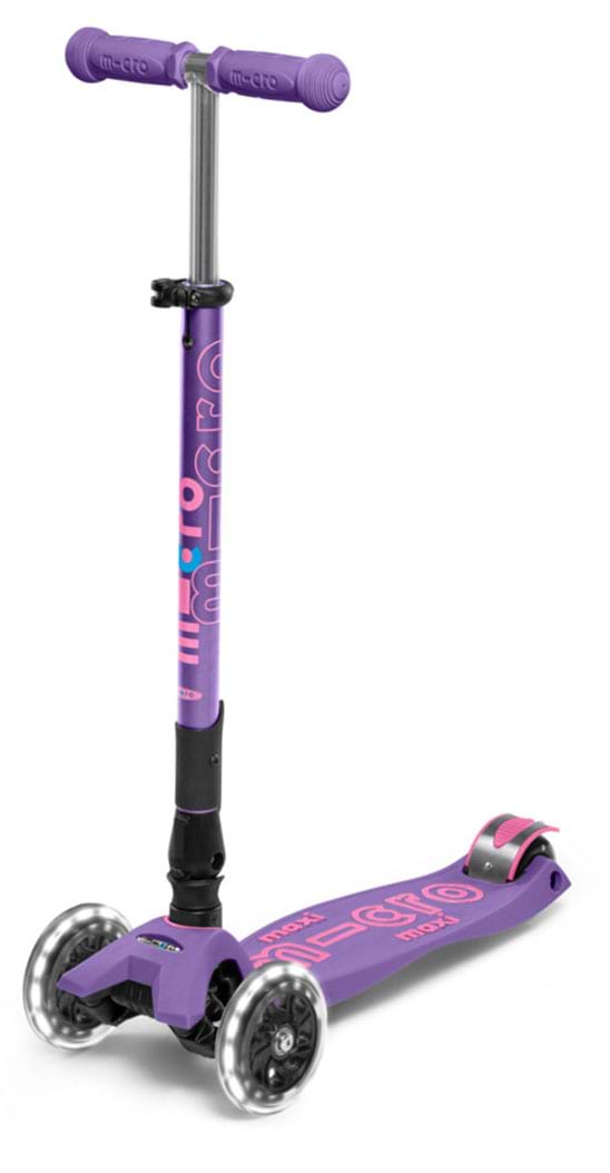Трёхколёсный самокат Micro "Maxi Deluxe Foldable LED" – ФИОЛЕТОВЫЙ (складной, до 50 kg, 3-х колесный, свет) (MMD100)