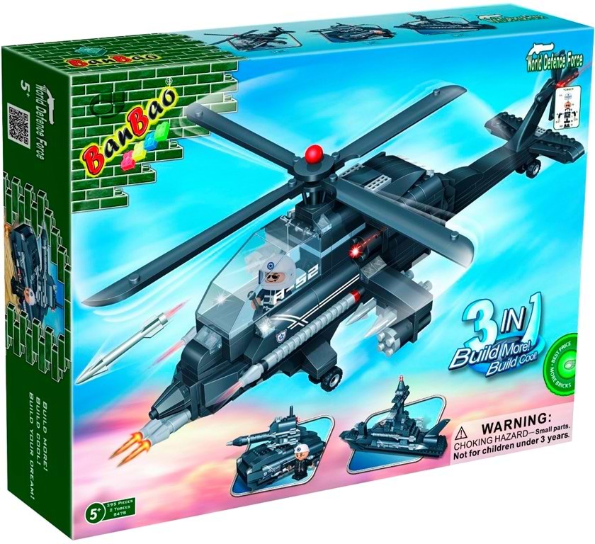 Пластиковий конструктор Banbao "Армія" (295 елм.) 3 в 1 Вертоліт, танк та крейсер (8478)