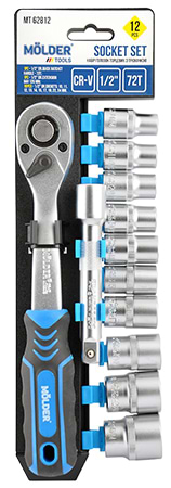 Набор торцевых головок Molder с трещоткой и удлинителем 1/2 72Т CR-V 10-24 мм 12 шт. (MT62812)