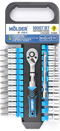 Набор торцевых головок Molder с трещоткой и удлинителем 1/4 72Т CR-V 28 шт. (MT64828)