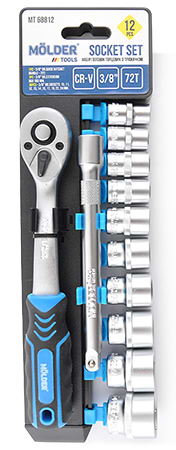 Набір торцевих голівок Molder з тріскачкою та подовжувачем 3/8 72Т CR-V10-24 мм 12 шт. (MT68812)