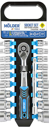 Набор торцевых головок Molder с трещоткой и удлинителем 3/8 72Т CR-V 6-24 мм 20 шт. (MT68820)