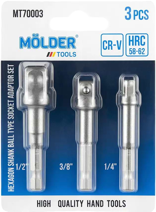 Набір торцевих голівок Molder з Hex 1/4 на квадрат 1/4, 3/8, 1/2, 3 шт. в блістер (MT70003)