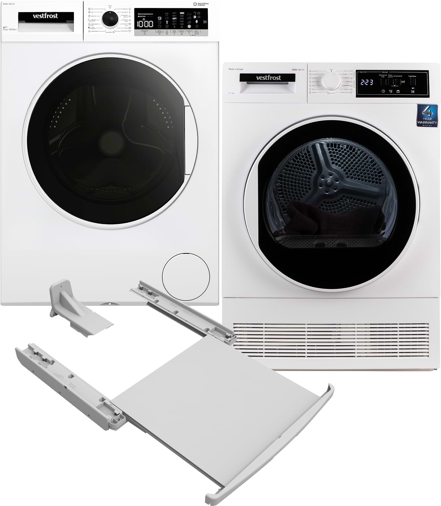 Комплект техники Vestfrost Стиральная машина с фронтальной загрузкой + Сушильная машина + Комплект креплений для установки в колонну Vestfrost MWM 108 T3I + MDM 107 T1 + XDV - Фото 1