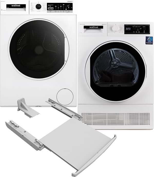 Фото - Комплект техники Vestfrost Стиральная машина с фронтальной загрузкой + Сушильная машина + Комплект креплений для установки в колонну Vestfrost MWM 108 T3I + MDM 107 T1 + XDV