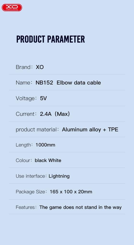 Фото - Кабель синхронизации данных XO Lightning NB152 Elbow 2.4A/1m White (NB152-L-1-WH)