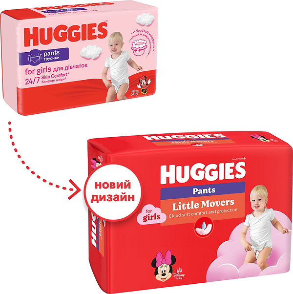 Фото - Одноразовые подгузники-трусики Huggies Little Movers Размер 6 (15-25 кг) для девочек, 44 шт. (5029053547664)