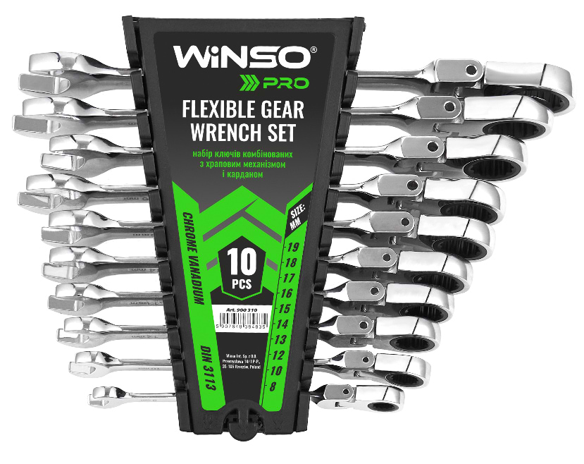 Набір комбінованих ключів Winso PRO з тріскачкою та карданом CR-V 10 шт. (900310)