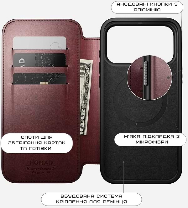 Фото - Чохол для смартфону Nomad Modern Leather Folio Case Horween Burgundy for iPhone 17 Pro (NM011833858)