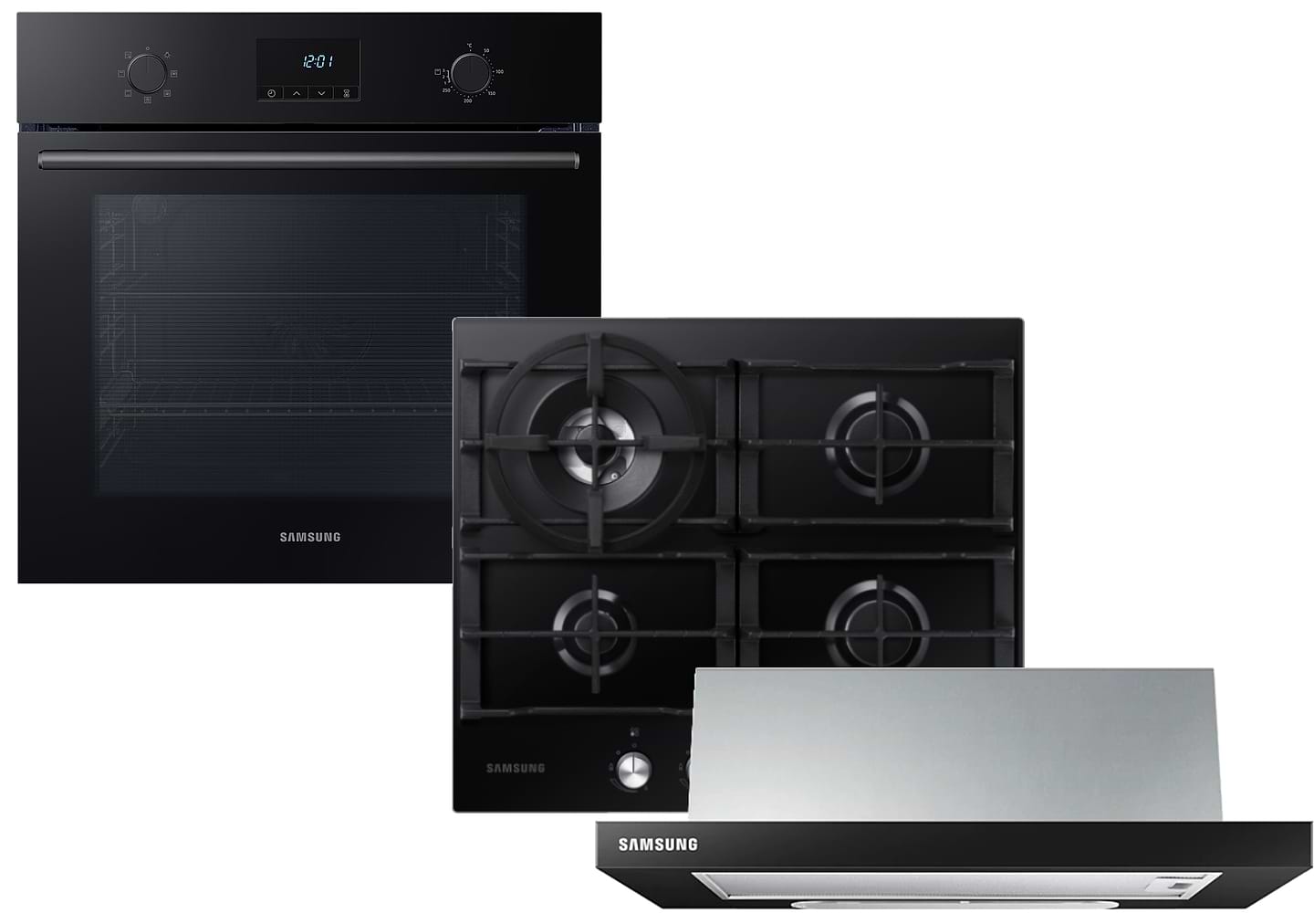 Комплект техники Samsung Духовой шкаф + Варочная панель + Витяжка встраиваемая Samsung NV68A1110RB/WT + NA64H3030AK/WT + NK24M1030IB/UR - Фото 1