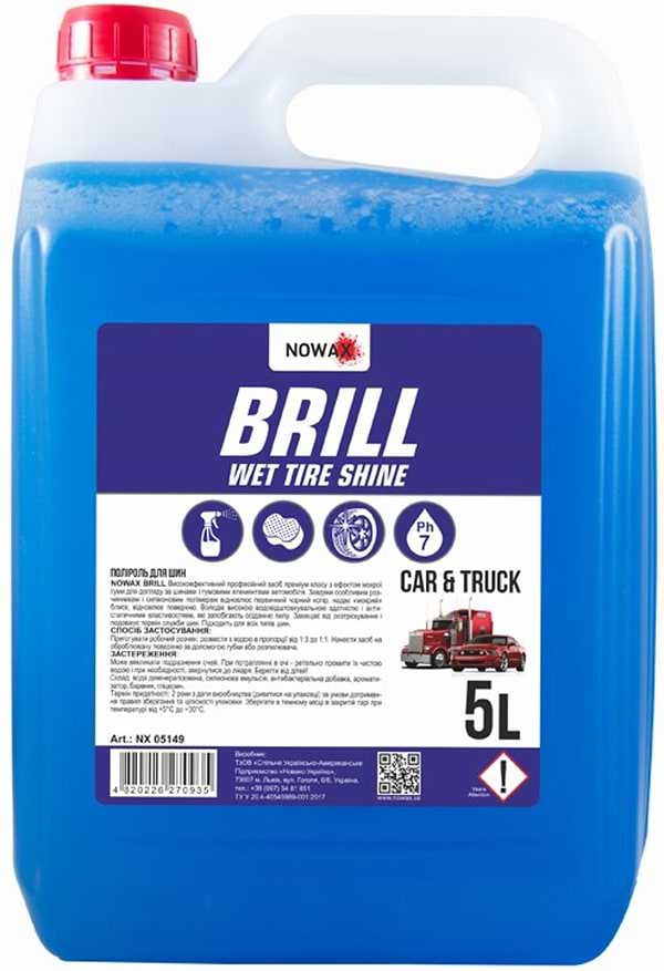 Фото - Поліроль для авто NOWAX для шин BRILL WET TIRE SHINE 5 л концентрат 1:3 ;1:1 (NX05149)