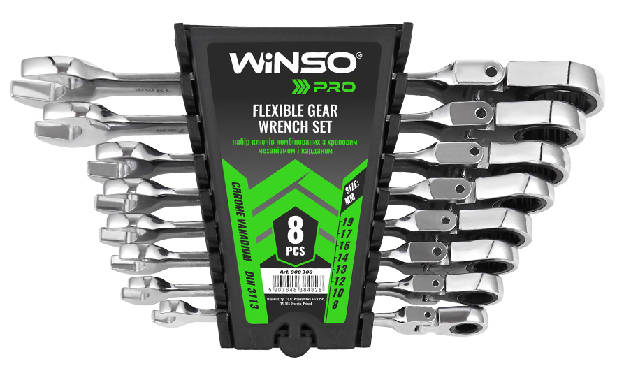 Набір комбінованих ключів Winso PRO з тріскачкою та карданом CR-V 8 шт. (900308)