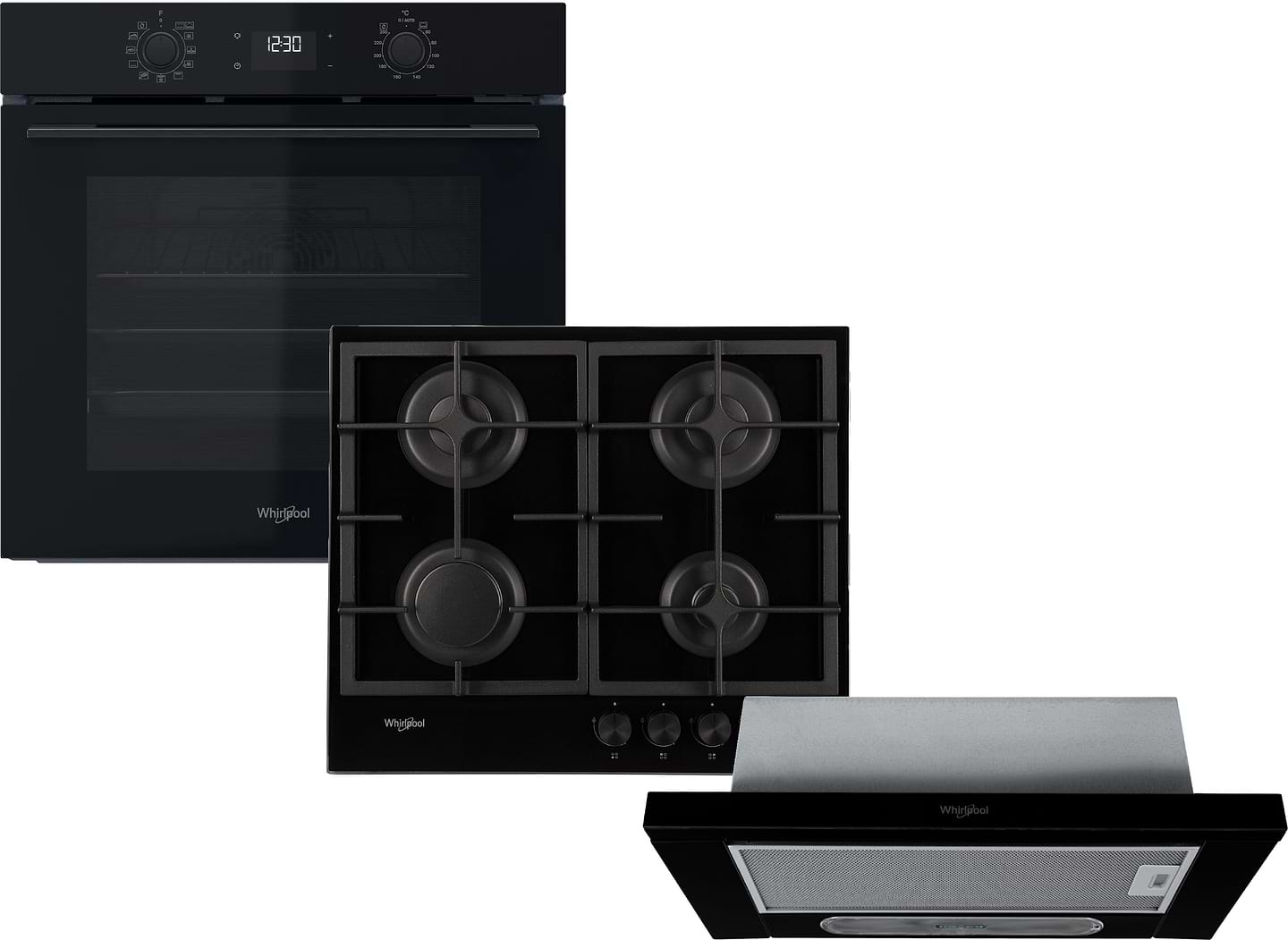 Комплект техники Whirlpool Духовой шкаф + Варочная панель + Витяжка встраиваемая Whirlpool OMK58HU1B + GOS 6415/NB1 + AKR750GK