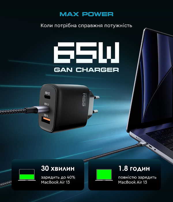 Фото - Мережевий зарядний пристрій Armorstandart Resolute Power ARP-621 65W GaN Black (ARM70023)