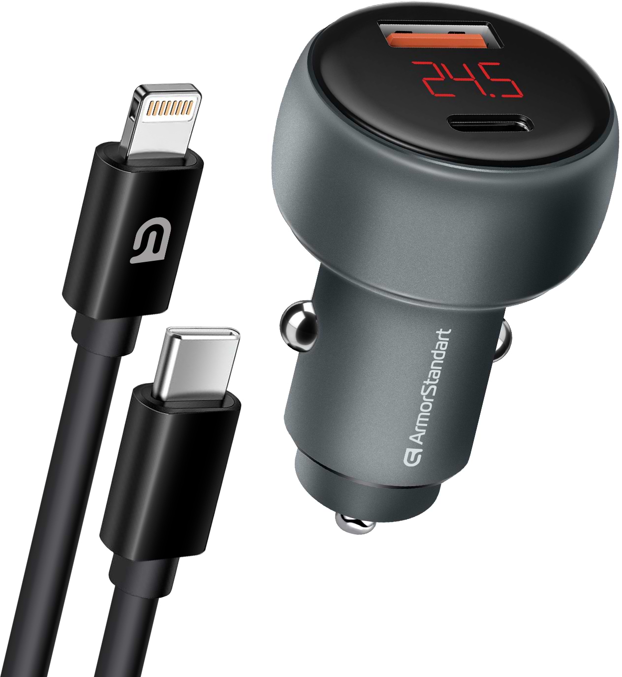 Автомобильное зарядное устройство Armorstandart AR-C43 Type-C PD30W + USB QC 3.0 Grey + кабель Lightning (ARM82462)