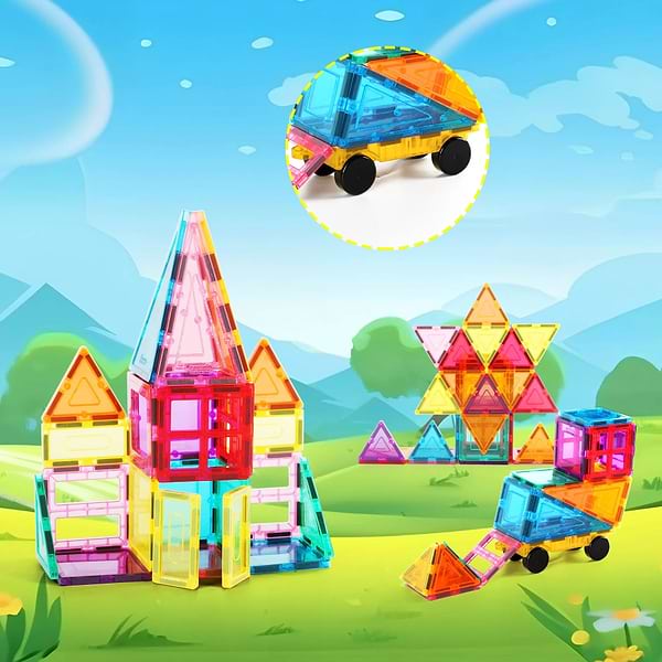 Фото - Магнитный конструктор Picasso Tiles THE BUILDING BLOCKS WITH CAR 61 деталь (28244)