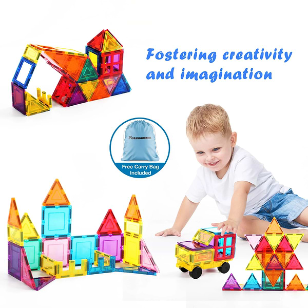 Фото - Магнитный конструктор Picasso Tiles THE BUILDING BLOCKS WITH CAR 61 деталь (28244)