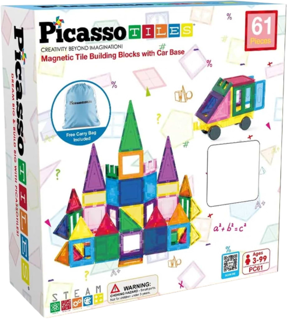 Магнітний конструктор Picasso Tiles THE BUILDING BLOCKS WITH CAR 61 деталь (28244)