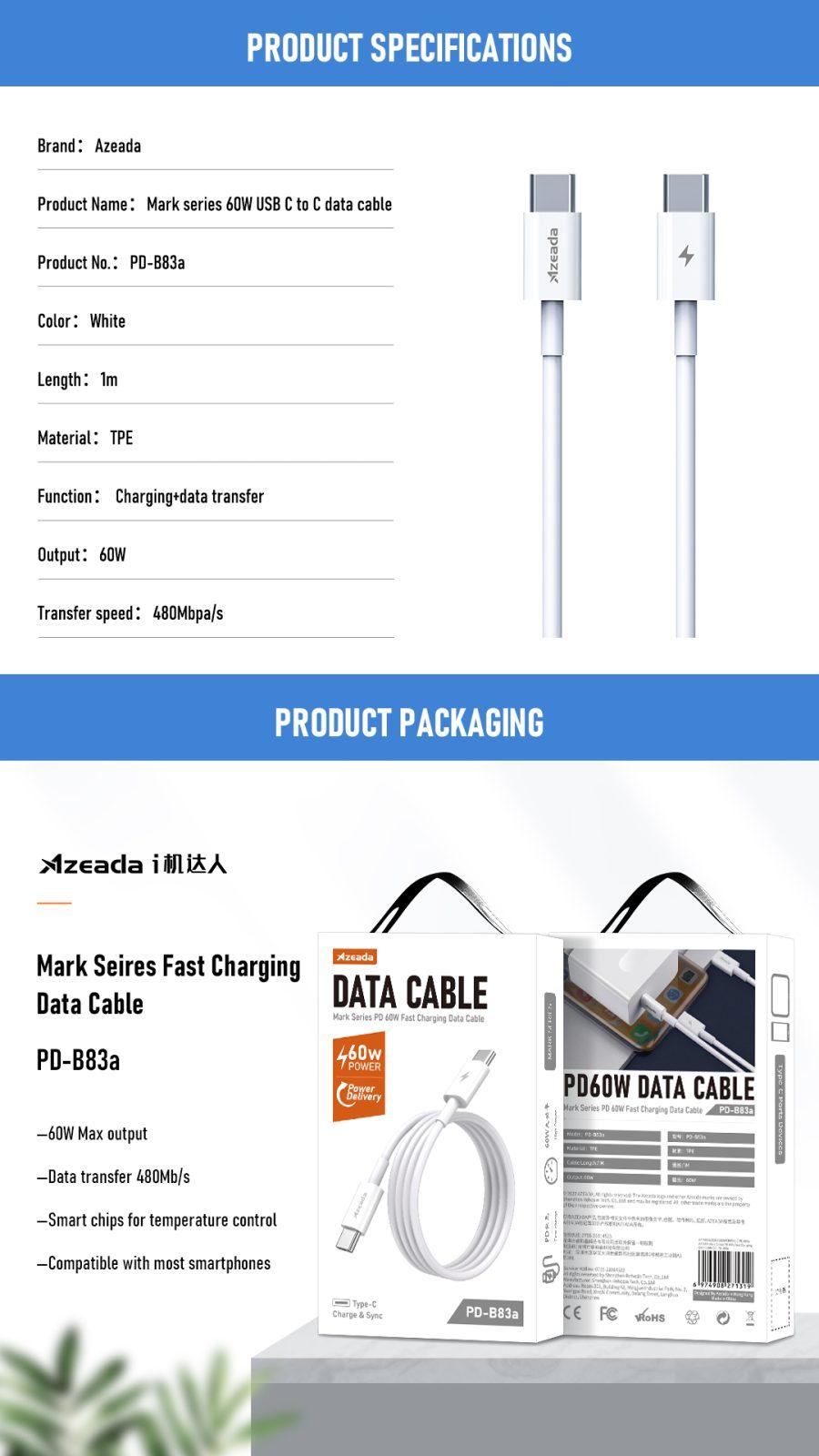 Фото - Кабель Proda PD-B83a Type-C to Type-C Fast Charge 60W 1  м (PD-B83a-WHT)
