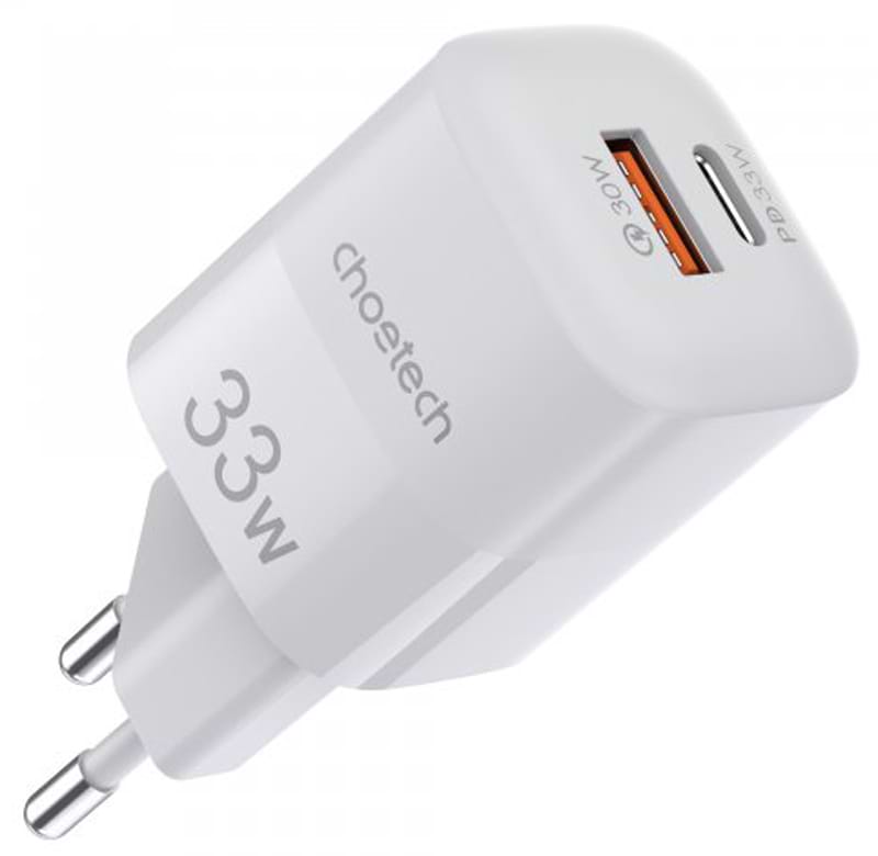 Мережевий зарядний пристрій Choetech GaN USB-A/USB-C 33W QC3.0/PD/PPS (PD5006-EU-WH)