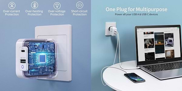 Фото - Сетевое зарядное устройство Choetech GaN USB Type-C Type-A 65W PD QC (PD8002)