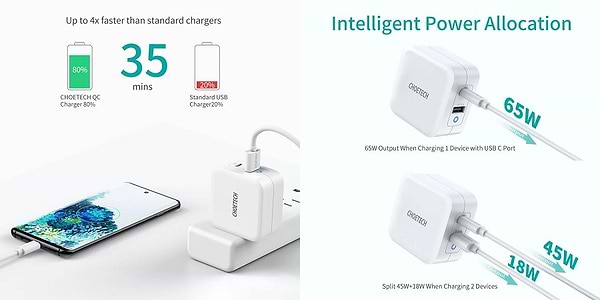 Фото - Сетевое зарядное устройство Choetech GaN USB Type-C Type-A 65W PD QC (PD8002)
