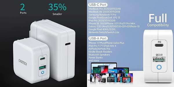 Фото - Сетевое зарядное устройство Choetech GaN USB Type-C Type-A 65W PD QC (PD8002)